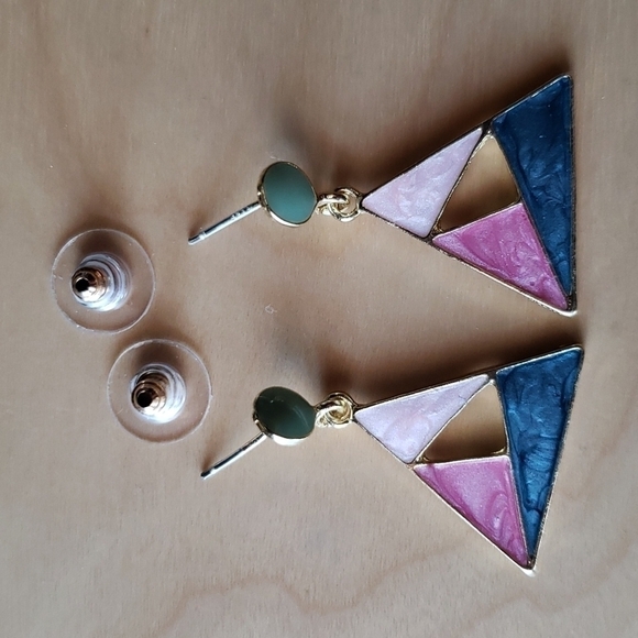 Earrings Sterling Silver Needle Contrast Color Starry Sky Enamel Triangle Stud. - Picture 1 of 3